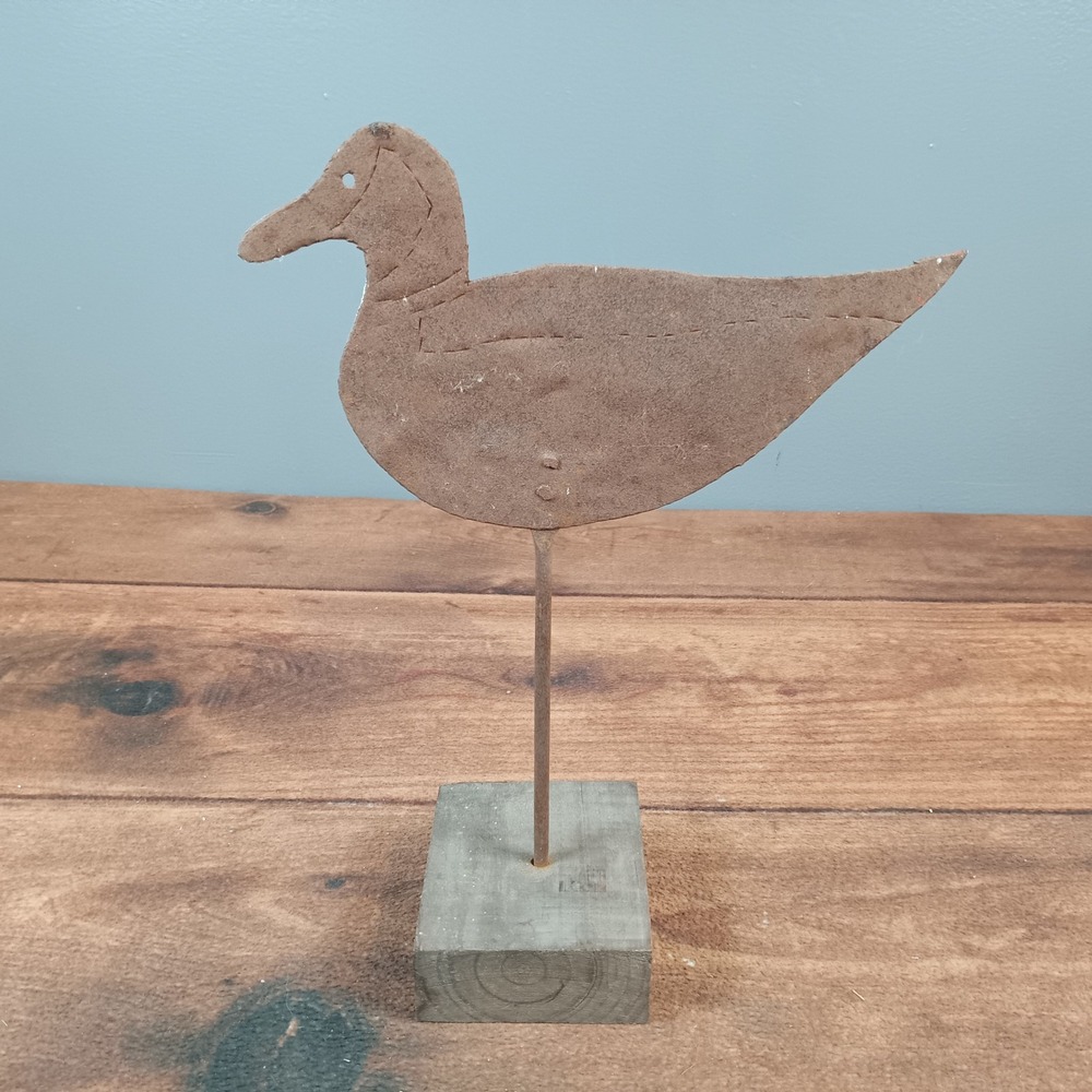 Vintage Style Rusted Metal Duck Silhouette Folk Art Figurine on Wood Base 12.5in